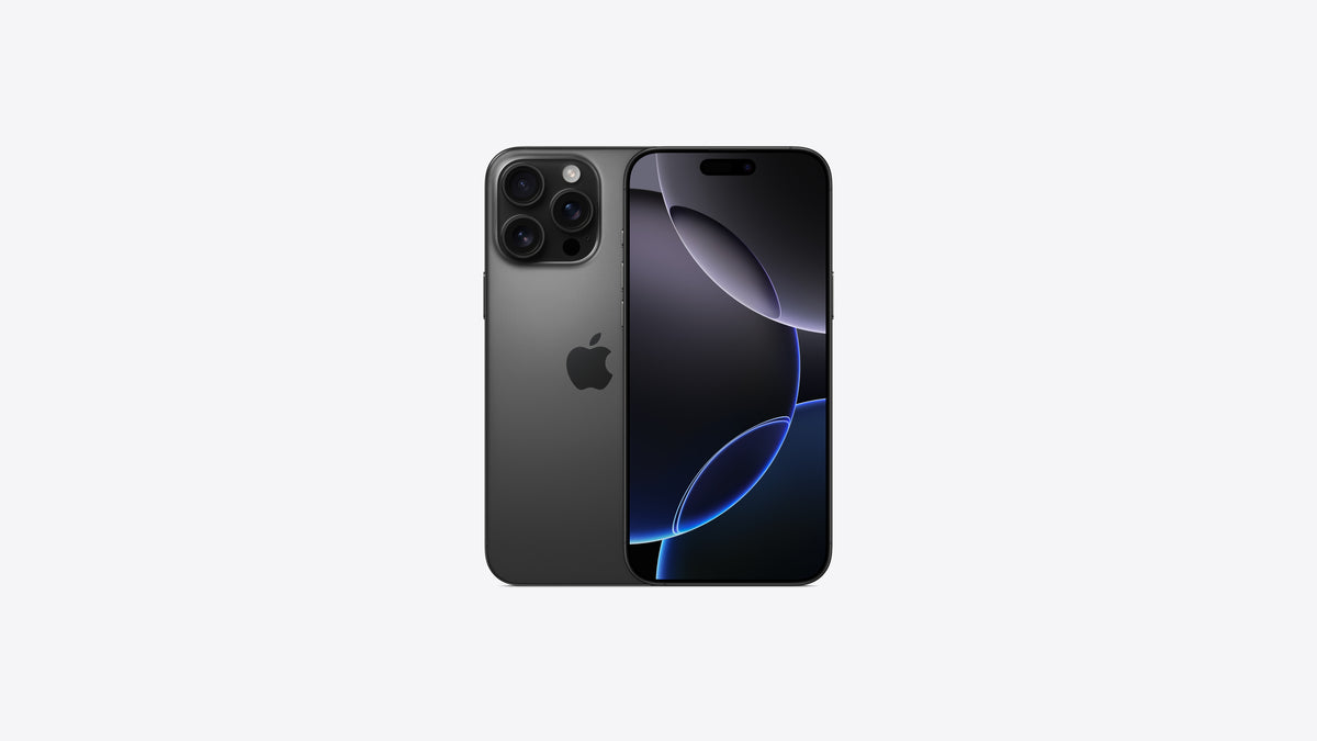 iPhone 16 Pro Max coloris titane noir, grand écran 6,9 pouces allumé et dos en titane noir mat
