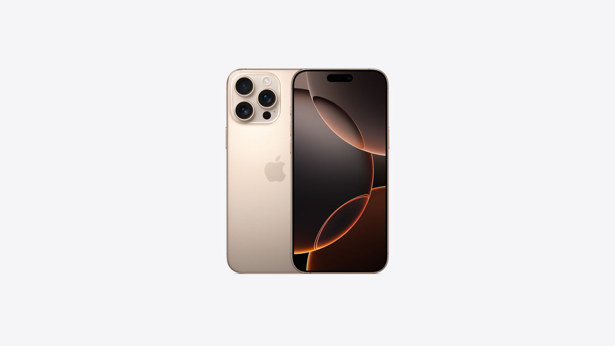 iPhone 16 Pro Max coloris titane sable, finition dorée sable, dos et écran 6,9 pouces allumé