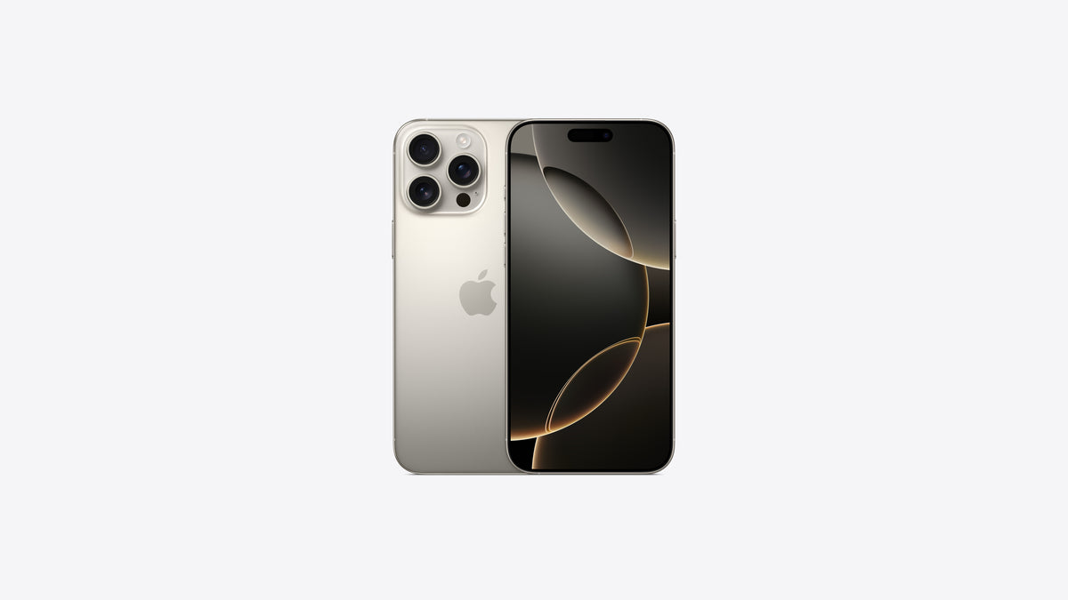 iPhone 16 Pro Max coloris titane naturel, teinte titane gris beige, vue arrière et vue avant du grand format