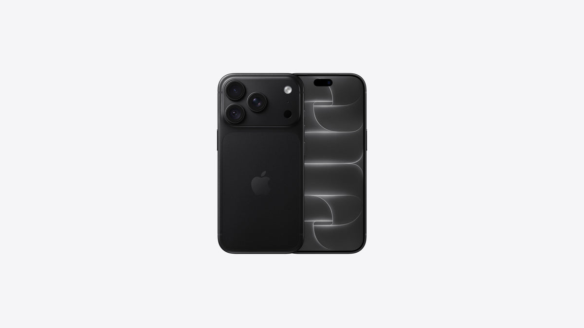 iPhone 18 Pro coloris noir, dos noir mat et bloc photo trois objectifs, vu de dos et de face écran allumé