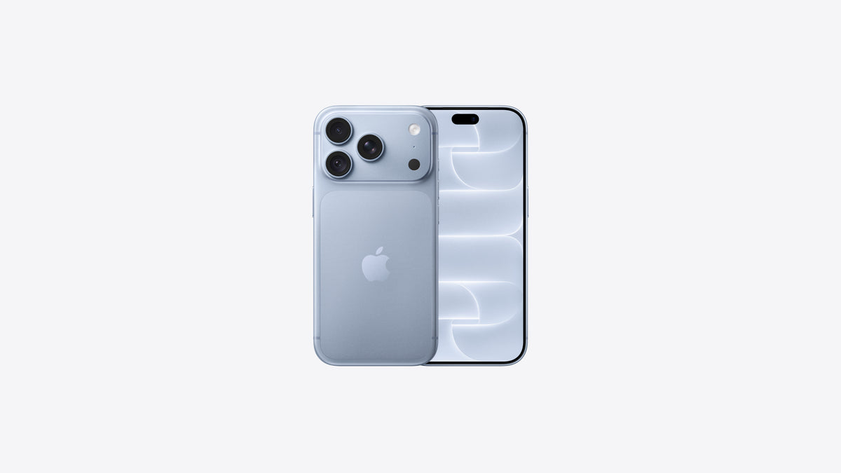 iPhone 18 Pro coloris glacier, teinte bleu pâle givré sur le dos et sur le fond d'écran