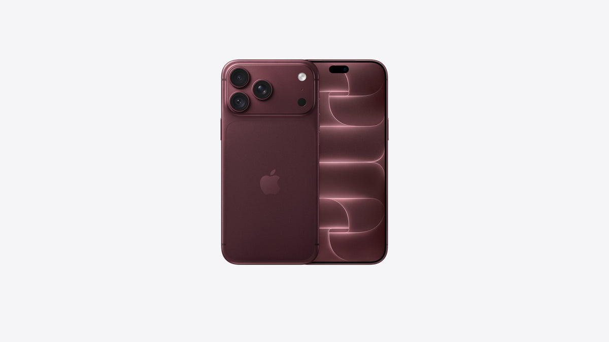 iPhone 18 Pro Max coloris bordeaux, dos rouge sombre satiné et écran 6,9 pouces affichant un fond bordeaux