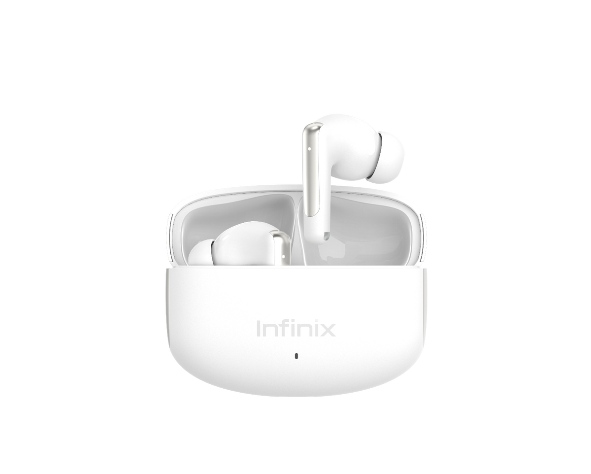 Infinix BUDS NC XE28 blancs, une oreillette sortie du boitier de charge