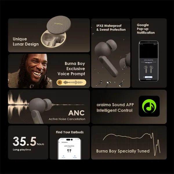 Oraimo - OEB-E105D Uranolith Grey - Écouteurs Bluetooth - Qualité Supérieure