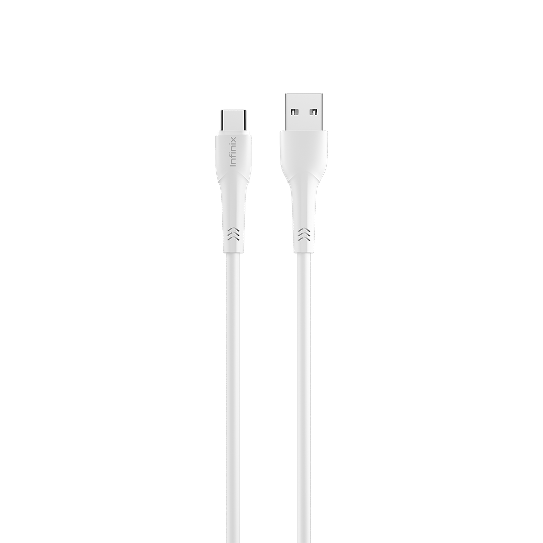 Cable Infinix XDC53A blanc, connecteur USB-C a gauche et USB-A a droite, sur fond blanc