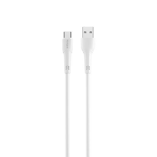 Cable Infinix XDC53A blanc, connecteur USB-C a gauche et USB-A a droite, sur fond blanc