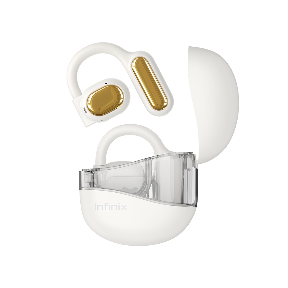 Infinix XBUDS 3 LOOP blanc a inserts dores, boitier ouvert et crochet d'oreille