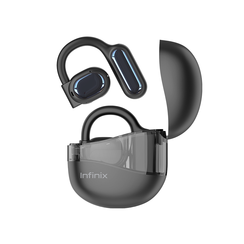 Infinix XBUDS 3 LOOP noir, paire d'ecouteurs ouverts posee au-dessus de son boitier
