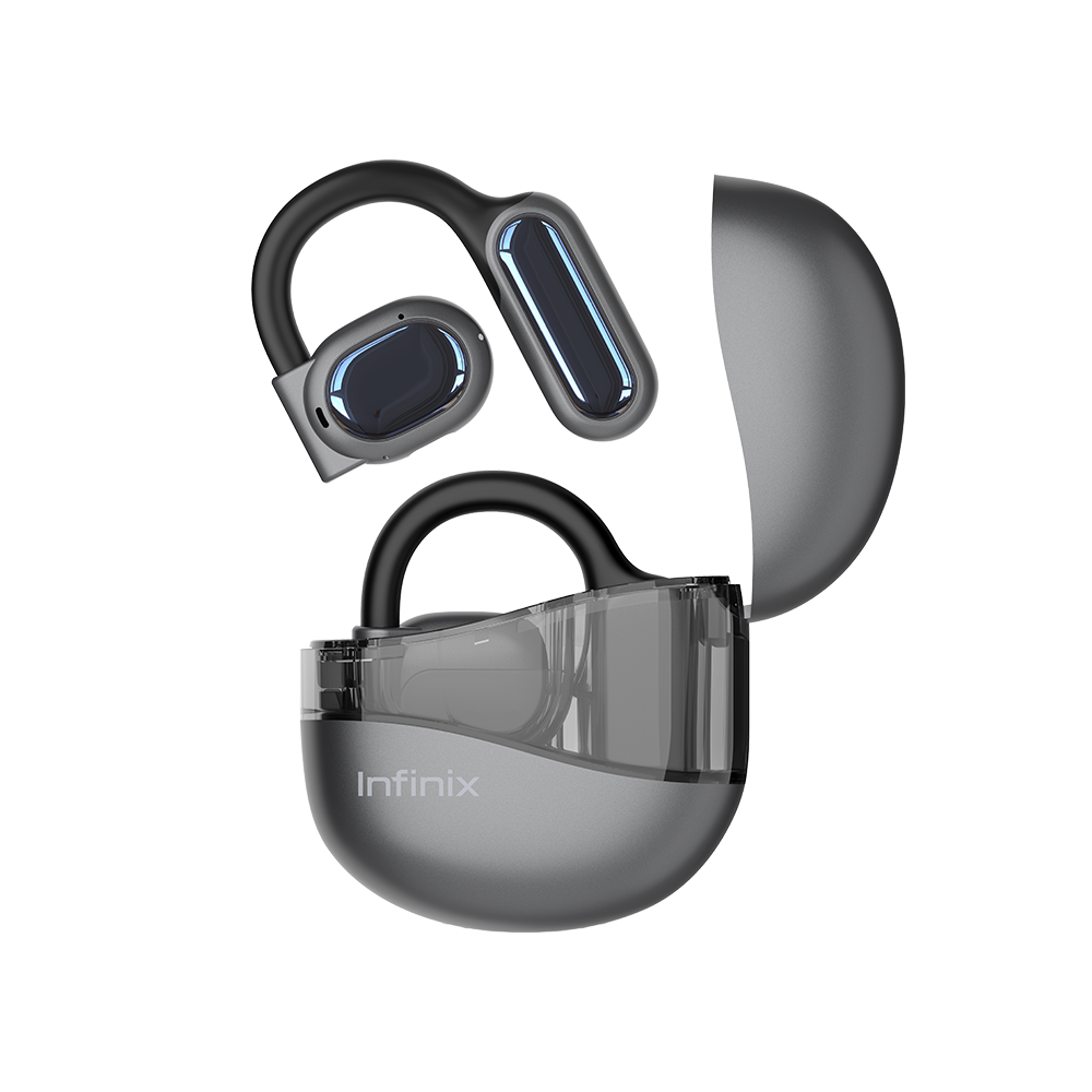 Infinix XBUDS 3 LOOP XEOE01 gris, ecouteurs a crochet et boitier a fenetre transparente
