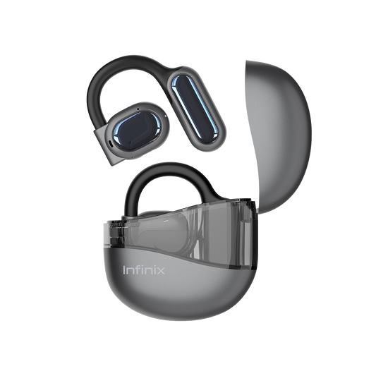 Infinix XBUDS 3 LOOP XEOE01 gris, ecouteurs a crochet et boitier a fenetre transparente