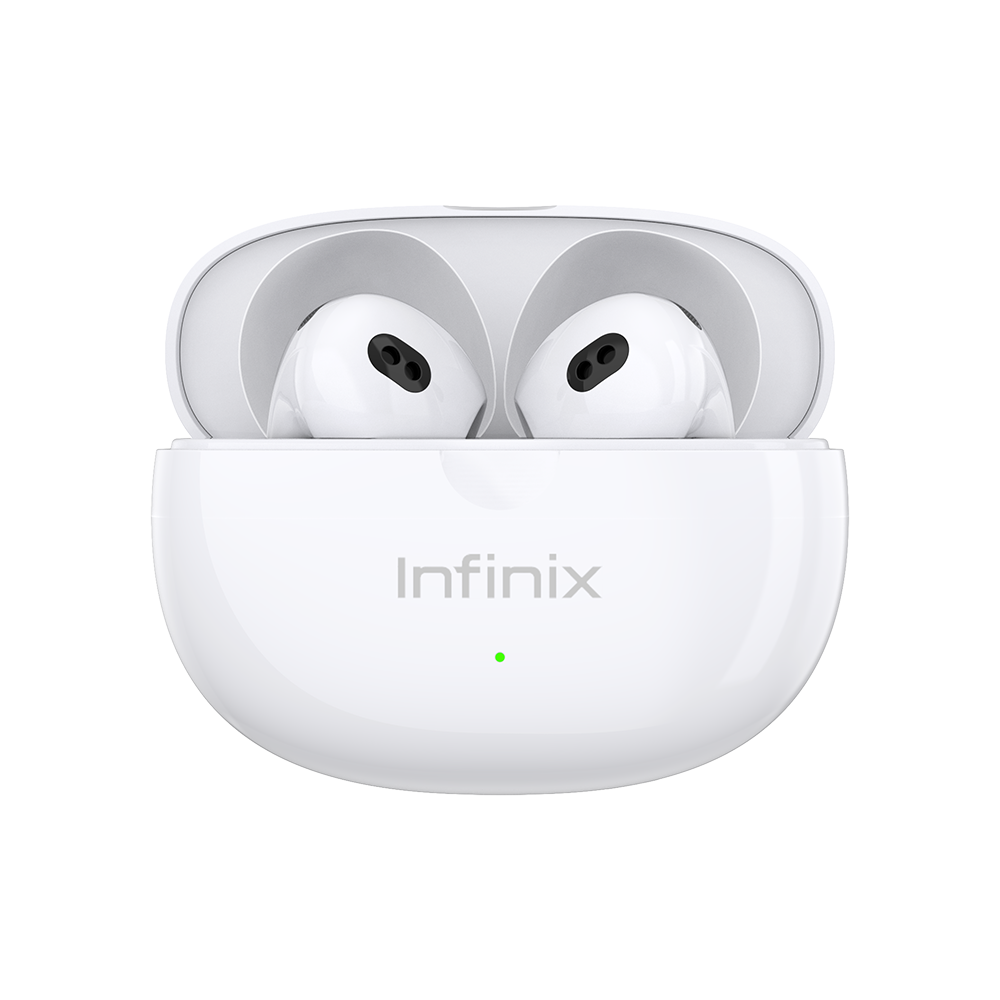 Infinix XBUDS 3 XE31 blancs, les deux ecouteurs ranges dans le boitier de charge
