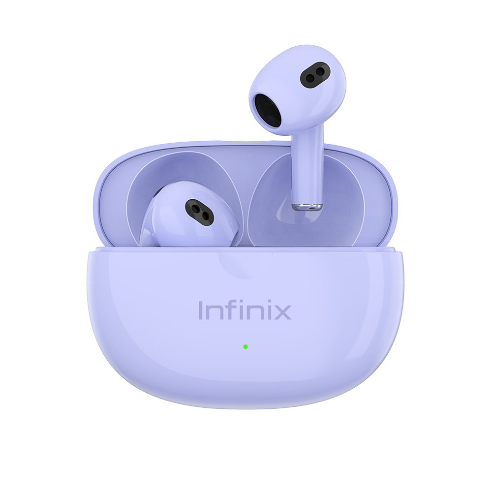 Infinix XBUDS 3 XE31 violets, une oreillette dressee au-dessus du boitier ouvert