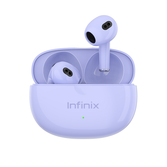 Infinix XBUDS 3 XE31 violets, une oreillette dressee au-dessus du boitier ouvert