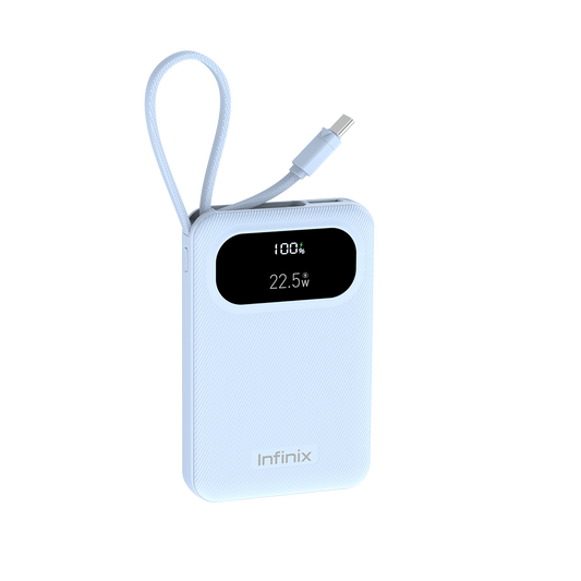 Batterie externe Infinix XP10 Pro bleu clair avec câble USB-C tressé intégré et écran affichant 22,5 W