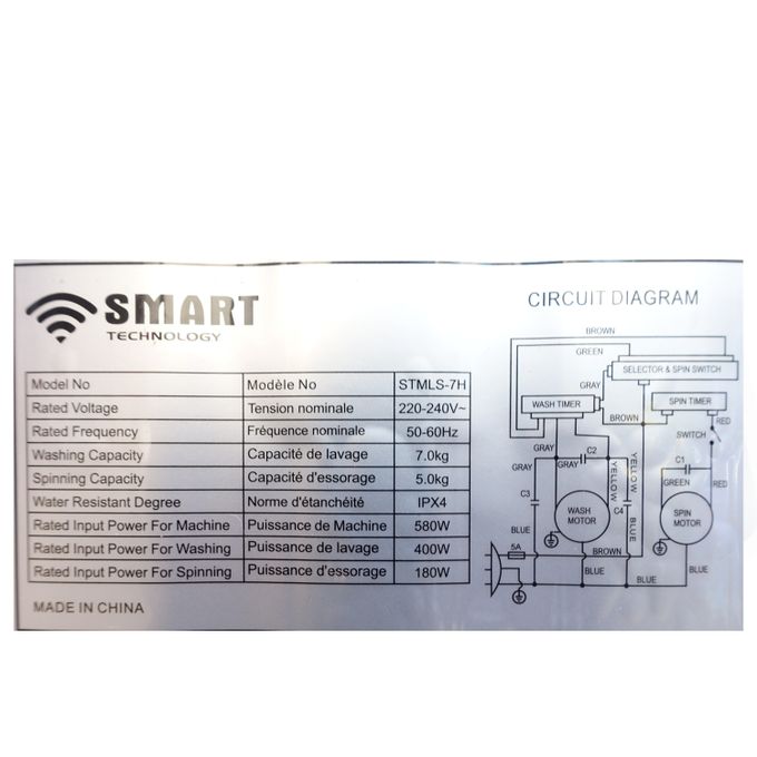 Machine à Laver  SMART TECHNOLOHY Double Bac STML-7H- 7Kg - Bleu-blanc - Garantie 6 Mois