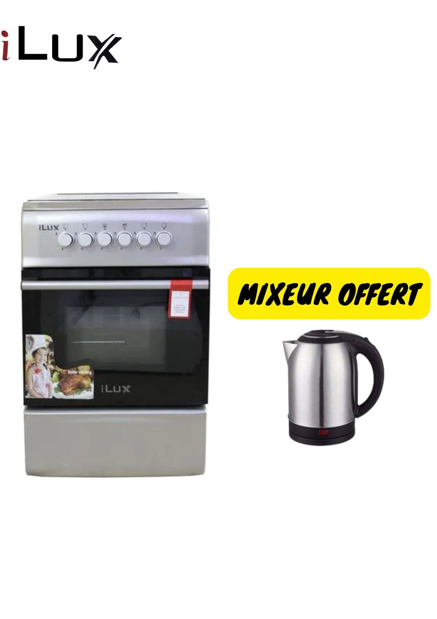 Ilux Cuisinière - Gaz 4 Feux 5055 - Inox - Garantie 6 Mois + Bouilloire offerte