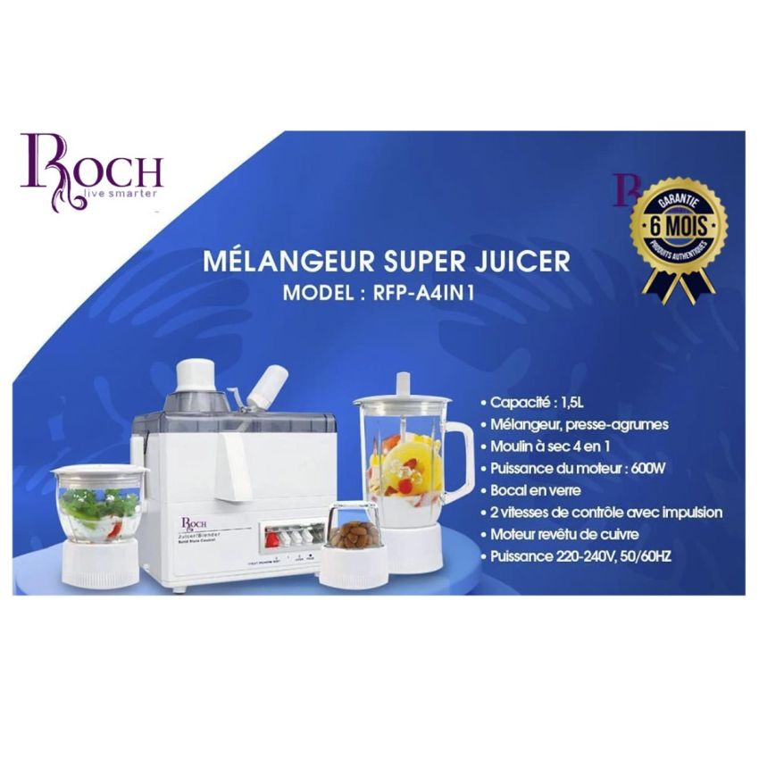 Extracteur de jus et Mixeur Multi Fonction 4 EN 1 - ROCH - RJB-A4IN1 - 600W - 6 Mois